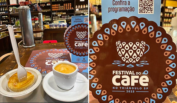 Imagem do Festival do Café 2025 em Triângulo SP, com uma xícara de café e um doce, promovendo a programação do evento com detalhes visuais e local.