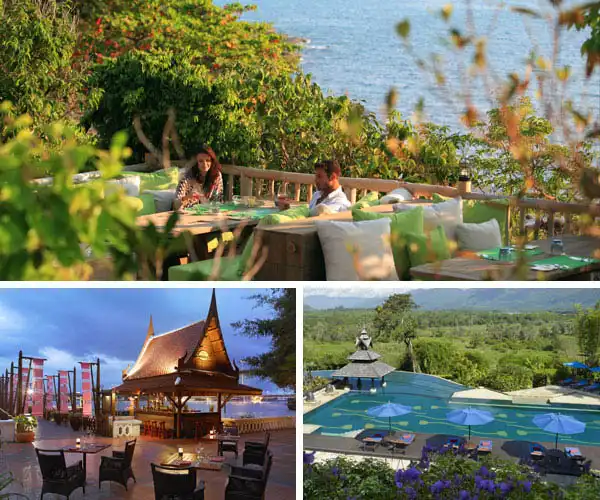 Fotos de um restaurante ao ar livre com vista para o rio e áreas externas com árvores verdes, mesas ao ar livre e ambiente relaxante em contato com a natureza.