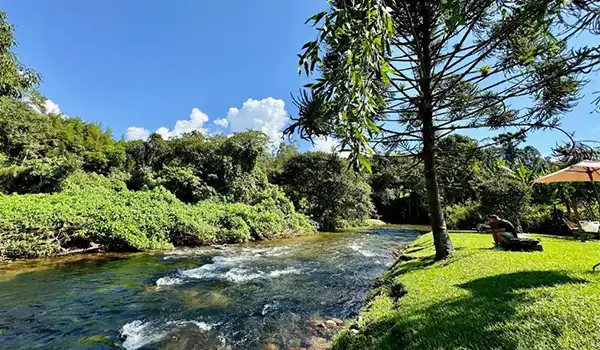 Linda paisagem natural com rio de água limpa, árvores verdes e céu azul em um dia ensolarado, ideal para lazer ao ar livre e contato com a natureza. Férias na Montanha ou na Praia.