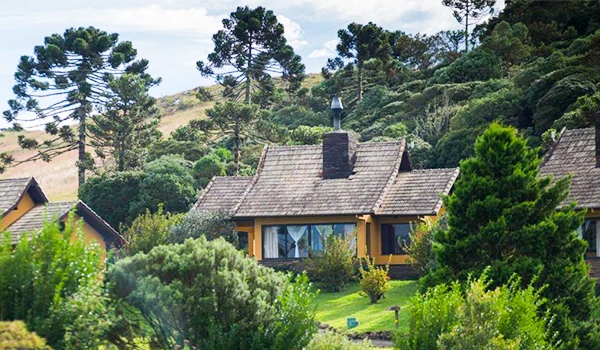 Casa de campo aconchegante cercada por árvores e vegetação verdejante em meio à natureza, perfeita para quem busca tranquilidade e contato com o meio ambiente.