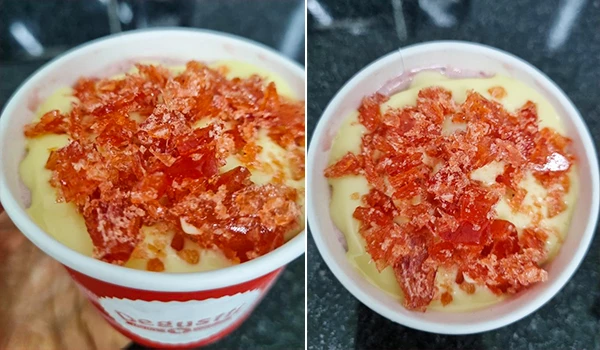 Imagem de uma sobremesa de sorvete creme com pedaços de morango cristalizado, a versão de morango do amor da Degustti.