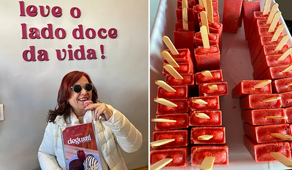 Deusa Rodrigues degustando um picolé e na parede a frase "Leve o lado doce da vida! Ao lado foto deuma variedade de de picolés de morango na cor vermelha. 