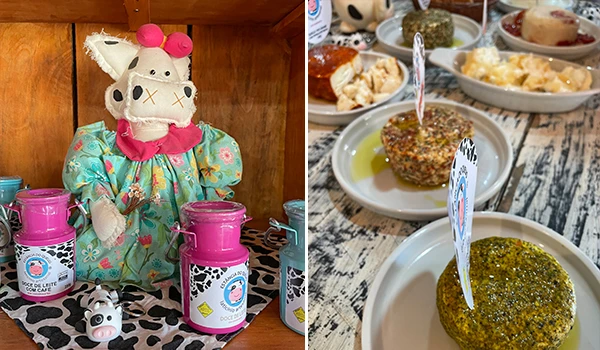 2 fotos, sendo uma de uma bonequinha em formato de vaca e potes rosas com produtos e ao lado vários tipos de queijos da empresa Estância do Queijo.