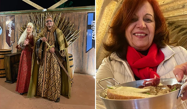 Deusa Rodrigues em um ambiente aconchegante, segurando uma panela com comida e mexendo com uma colher, refletindo alegria e conforto.