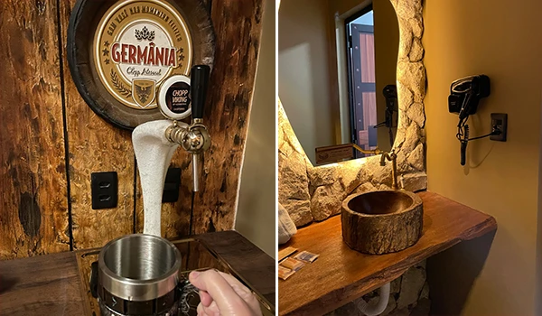 Bar de chope artesanal com torneira de madeira e decoração rústica, perfeito para ambientes de bar ou restaurante com estilo aconchegante e natural. Vila Viking e o “Quarto do Rei”.