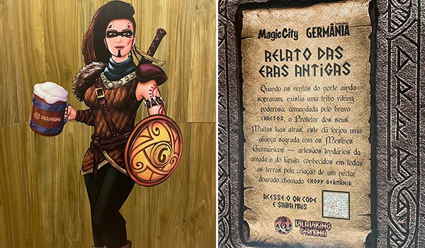 Imagem de uma personagem de jogo de fantasia representando uma guerreira medieval, com armadura, escudo e caneca de cerveja, ao lado de um quadro com texto antigo. Vila Viking e o “Quarto do Rei”.