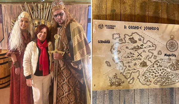 Imagem com três pessoas vestidas com roupas medievais e uma mulher ao centro em uma viagem de fantasia. Ao lado, um mapa ilustrado de uma ilha desconhecida, chamando atenção para aventuras e exploração.