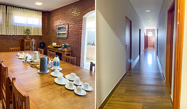 Imagem de uma casa com dois ambientes bem diferentes: à esquerda, uma sala de jantar aconchegante com mesa de madeira, cadeiras e decoração rústica com paredes de tijolos expostos; à direita, um corredor moderno com piso de madeira clara, paredes brancas e luz natural, indicando um espaço bem iluminado e bem cuidado para circulação.
