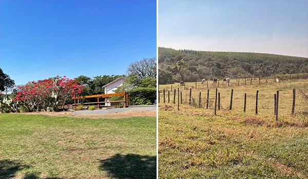 Imagem comparando uma área urbana com jardim bem cuidado ao lado de uma área rural com campo aberto. Rotas Gastronômicas no Interior SP.
