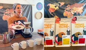 Imagem promovendo caixas de café de origem de diferentes países com embalagens coloridas e mapa-múndi ao fundo para destacar qualidade e sabor