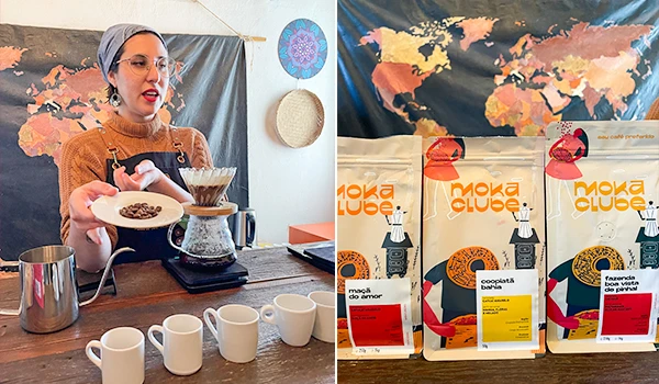 Imagem de uma barista fazendo uma degustação de café de origem de diferentes países com embalagens coloridas e mapa-múndi ao fundo para destacar qualidade e sabor. Rotas Gastronômicas do interior de SP.