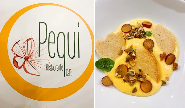 Refeição com sobremesa deliciosa em um restaurante chamado Pequi, com descrição de ingredientes e apresentação atraente. Rotas Gastronômicas do interior de SP.