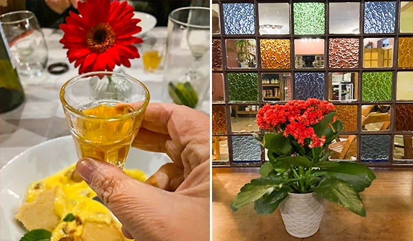Imagem de uma taça licor de Ume no restaurante Pequi, ao lado foto de um vitral e flores da entrada do local. Rotas Gastronômicas do interior de SP.