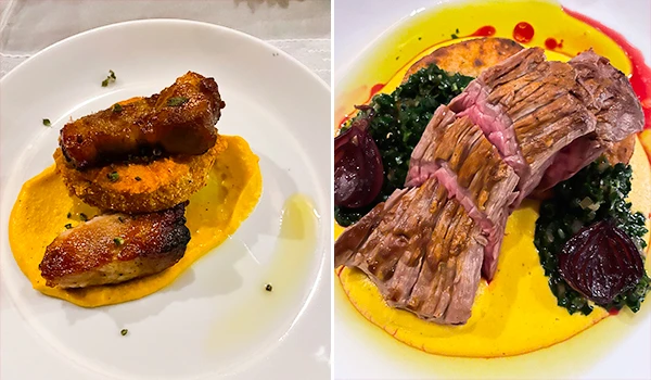 Prato de comida sofisticada com carne, molho e acompanhamento de vegetais coloridos em um prato elegante. Rotas Gastronômicas do interior de SP.