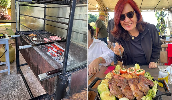 Deusa Rodrigues ao ar livre com vista para o campo, ao lado de uma mesa churrasco no Rancho do Malului
