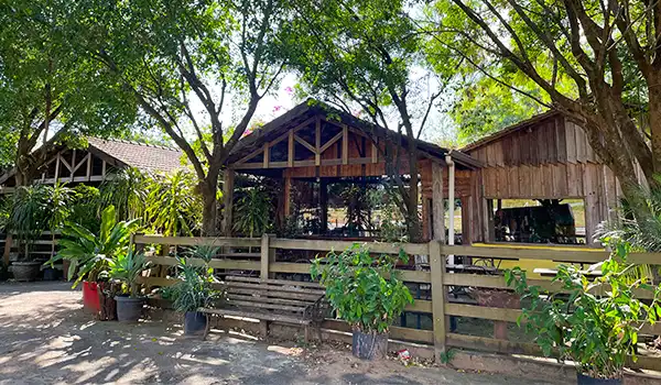 Imagem de uma estrutura de madeira do restaurante Recanto da Roça, rodeada por árvores e plantas, ideal para eventos ao ar livre ou lazer em meio à natureza, com bastante vegetação.