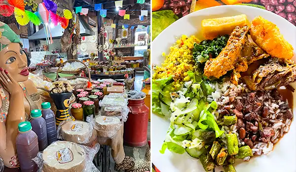 Restaurante Recanto da Roça em Marília com diversas peças decorativas, roupas e alimentos típicos, ao lado de um prato com comida afro-brasileira, incluindo arroz, feijão, quiabo, farofa e banana da terra.