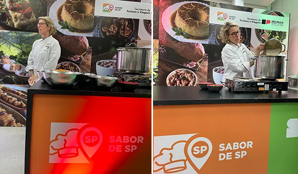 Chef de cozinha preparando ingredientes na feira de turismo e viagens em São Paulo, promovendo sabores típicos do estado.