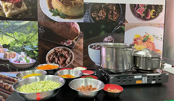 Imagem de uma bancada com ingredientes para preparo de pratos, incluindo panelas de aço, bowls com legumes, temperos e fotos de pratos feitos ao fundo.