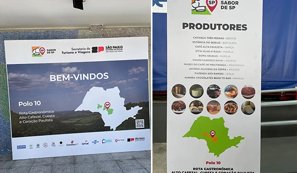 Painel de boas-vindas no Polo 10 em São Paulo, destacando uma rota gastronômica com diversas opções locais, incluindo doces, cachaça e café, promovendo o turismo e a gastronomia paulista.