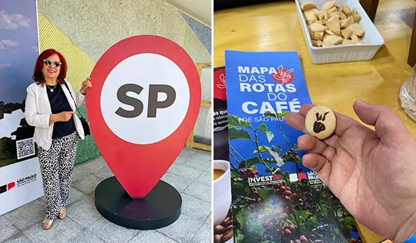 Deusa Rodrigues ao lado de símbolo de São Paulo em evento Sabor de São Paulo no SENAC Marília.