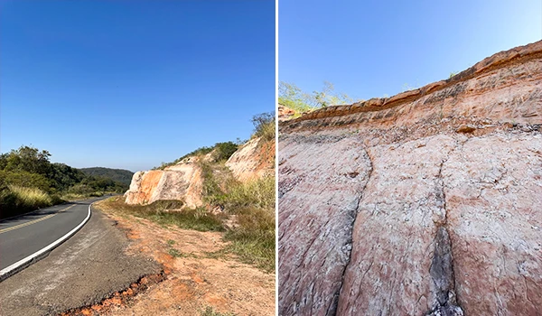 Imagem comparativa de formação rochosa na estrada, com vista de um cenário ao ar livre com céu azul e rochas distintas, uma com estrutura natural. O que fazer em Marília.