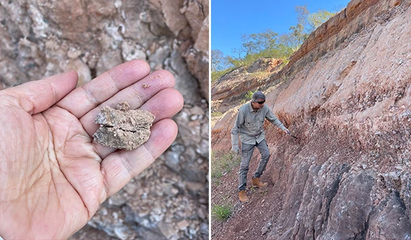 Duas imagens de rochas e uma pessoa explorando uma formação geológica ao ar livre, mostrando detalhes de minerais e camadas de rochas no cenário natural