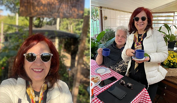 Deusa Rodrigues em ambiente ao ar livre, desfrutando de um momento de lazer em contato com a natureza, ao lado de Dona Santina do Sítio Olho D´Água.