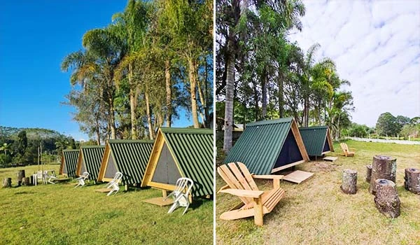 Imagem comparativa de cabanas de madeira ao ar livre em um ambiente natural com árvores e área de lazer, ideal para hospedagem ou descanso ao ar livre.