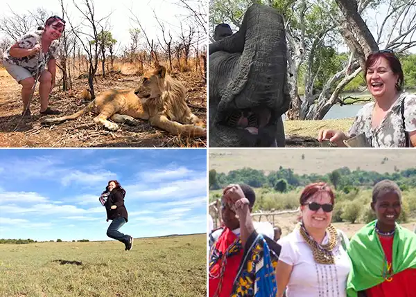 Collagem de fotos com pessoas em diversas atividades ao ar livre, incluindo visita a safári com leão, passeio em parque com elefante, salto em campo aberto e reunião de amigos ao ar livre.