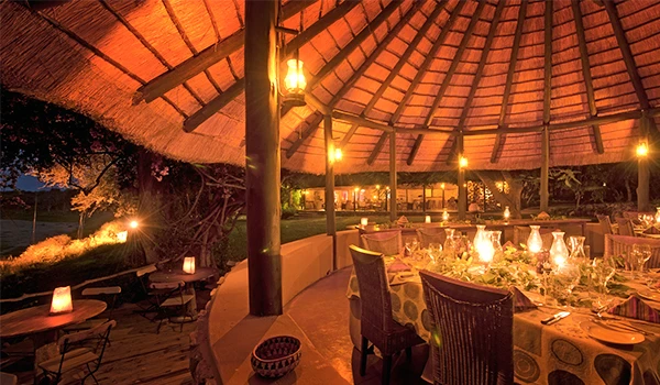 Imagem de um espaço ao ar livre decorado para jantar, com luzes suaves, mesas bem postas, cadeiras confortáveis e uma atmosfera acolhedora e elegante. Dicas do Boma jantar savanas África.