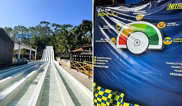 Imagem de um escorregador de Parkar álbum de escorregadores de água e uma parede com um painel de controle digital para divertir crianças, ideal para parques de diversão.