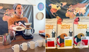 Café fictício com diferentes tipos de cafés especiais em pacotes de produção própria, incluindo uma barista preparando uma bebida com detalhes artísticos.