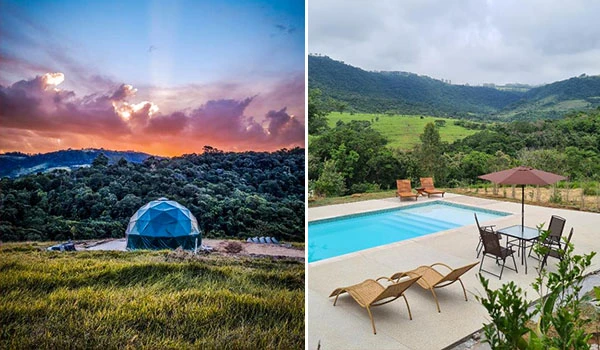 Paisagem sendo vista ao pôr do sol com uma cúpula geodésica, e ao lado, uma área de piscina com cadeiras de descanso em um cenário de natureza tropical, ideal para lazer e relaxamento ao ar livre.