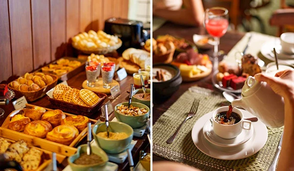 Imagem de café da manhã com variedades de pães, doces, frutas, sucos e café, ideal para começar o dia com energia e sabor. Hotéis para Lua de Mel no estado do Rio de Janeiro.