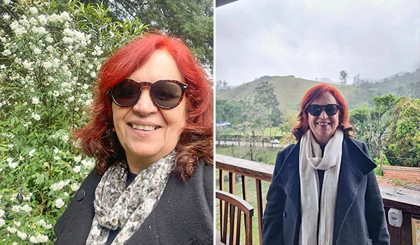 Montagem com duas fotos da Deusa Rodrigues. À esquerda, ela sorri diante de uma vegetação com pequenas flores brancas. À direita, ela está em uma varanda de madeira, usando casaco escuro e cachecol claro, com uma paisagem de montanhas verdes e céu nublado ao fundo.