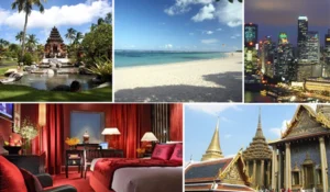 Imagem com diversas paisagens e ambientes: um templo na natureza, uma praia paradisíaca, o skyline de uma cidade moderna, um interior de hotel de luxo e templos tradicionais tailandeses, ilustrando destinos turísticos e opções de lazer e hospedagem.