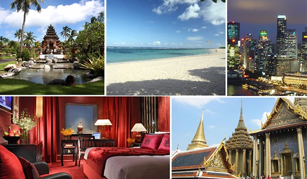 Imagem com diversas paisagens e ambientes: um templo na natureza, uma praia paradisíaca, o skyline de uma cidade moderna, um interior de hotel de luxo e templos tradicionais tailandeses, ilustrando destinos turísticos e opções de lazer e hospedagem.