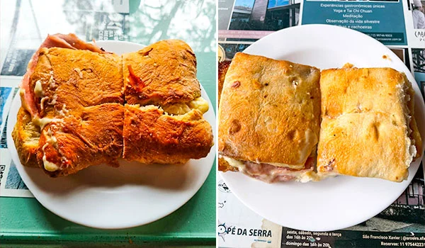 Duas fotos de sanduíches artesanais servidos em pratos brancos. À esquerda, um sanduíche grande com pão dourado e crocante, recheado com queijo e presunto. À direita, dois pedaços de sanduíche com pão rústico, também recheados com queijo e presunto, sobre um prato.