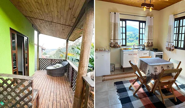 Imagem mostrando uma varanda com piso de madeira e poltrona, ao lado de uma cozinha com mesa e cadeiras, ambiente aconchegante e bem iluminado com vista para a natureza ao fundo.