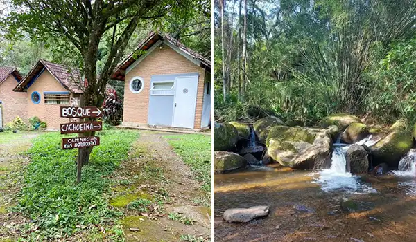 Paisagem do bosque com trilhas sinalizadas e riacho com água cristalina na mata, ideal para trilhas ecológicas e contato com a naturezaz. Chalés em São Francisco Xavier.