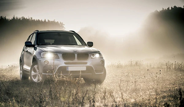 Imagem de um BMW X5 preto em um campo aberto ao amanhecer, com névoa e árvores ao fundo, transmitindo sensação de aventura e sofisticação.
