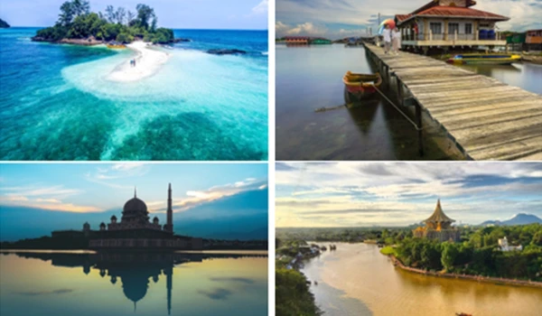 Imagens de pontos turísticos famosos de diferentes destinos, incluindo praias paradisíacas, pontes e monumentos históricos na Ásia.