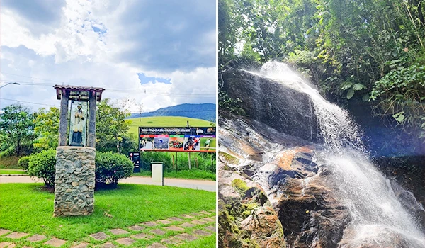 Imagem que mostra um monumento de pedra e uma cachoeira natural em um ambiente ao ar livre com vegetação exuberante e céu ensolarado.