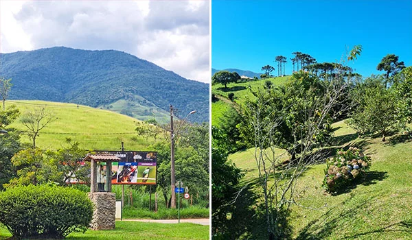 Montagem com duas paisagens serranas. À esquerda, uma extensa área de pastagem verde se estende até uma montanha coberta de vegetação, sob um céu parcialmente nublado; em primeiro plano, há um pequeno ponto de comércio junto à estrada. À direita, uma encosta gramada com árvores, arbustos e hortênsias, tendo montanhas ao fundo sob um céu azul.