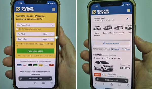 Imagem de dois celulares exibindo a plataforma Discover Cars, mostrando opções de aluguel de carros em São Paulo, Brasil.