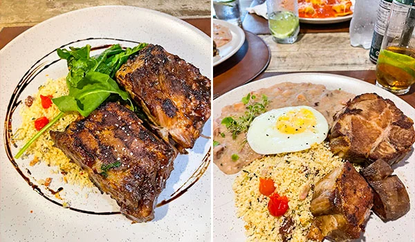 Montagem com duas fotos de pratos de comida. À esquerda, dois pedaços de carne grelhada são servidos sobre farofa, acompanhados de folhas verdes, tomate-cereja e molho escuro. À direita, um prato com carne assada, ovo frito, farofa, feijão e legumes grelhados, sobre uma mesa de restaurante com bebidas ao fundo.