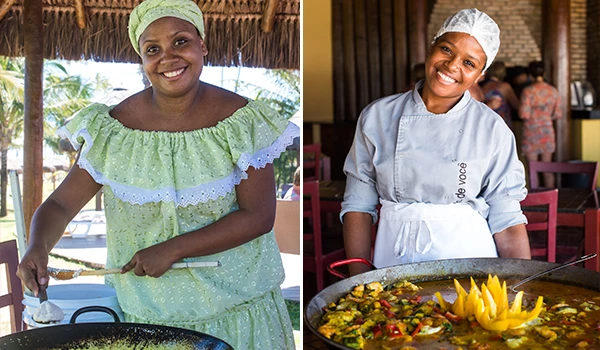 Cozinheira brasileira sorridente ao preparar pratos típicos em ambiente rústico, demonstrando habilidades culinárias e paixão pela gastronomia local. Viagem Gastronômica no Brasil.