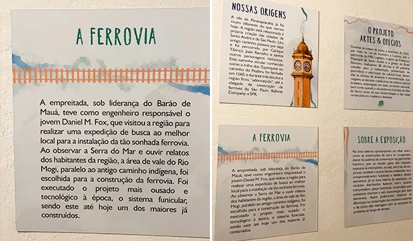 Descrição de uma exposição escolar sobre a história da ferrovia, destacando o projeto de engenharia do jovem Daniel M. Fox, na região de Rio Mogi.