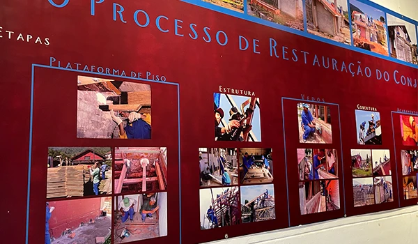Painel explicativo do processo de restauração do Conjunto Arquitetônico, ilustrando etapas como estrutura, vídeo, cobertura, plataforma de piso e outros detalhes importantes.